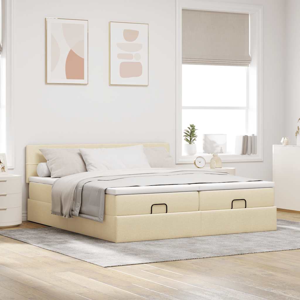 Estrutura de cama otomana com colchões tecido creme 200x200cm