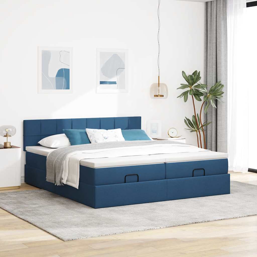 Estrutura de cama otomana com colchões 200x200cm tecido azul