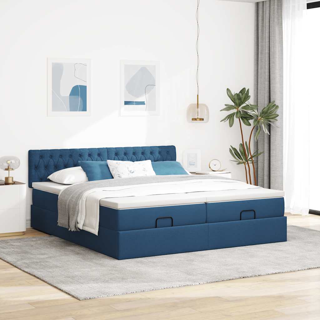 Estrutura de cama otomana com colchões 200x200cm tecido azul