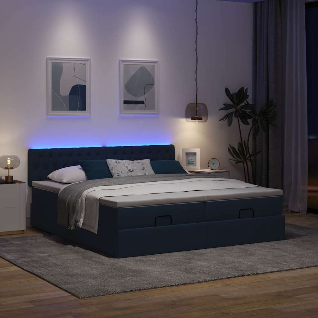 Estrutura de cama otomana com colchões 200x200cm tecido azul