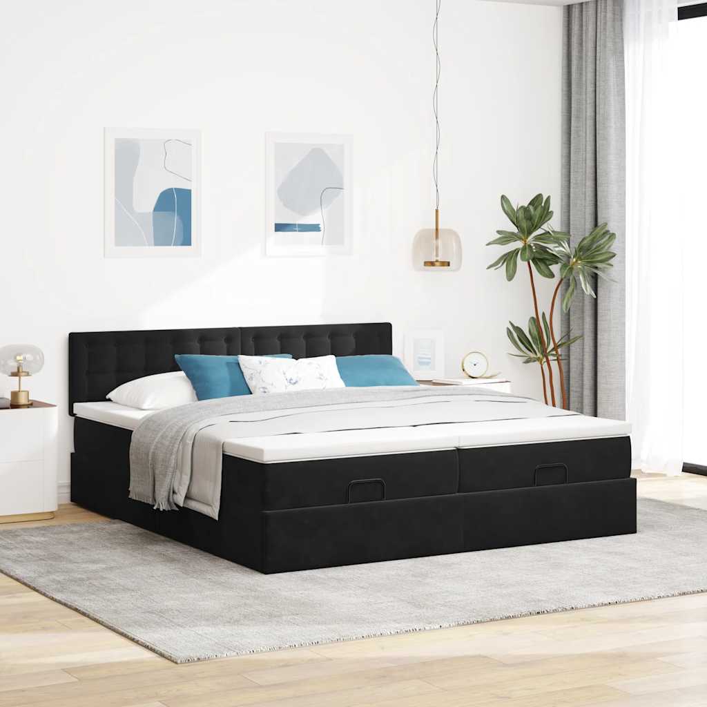 Estrutura de cama otomana com colchões 200x200cm veludo preto