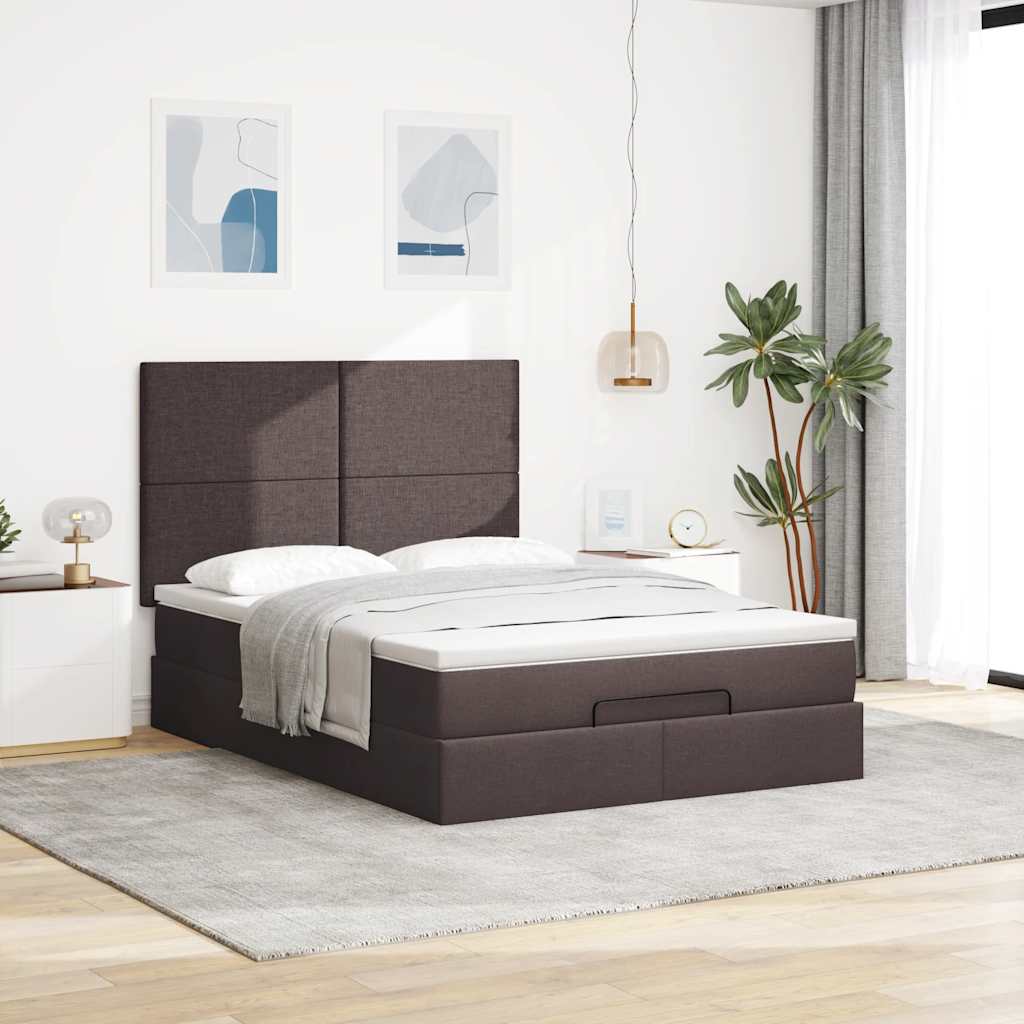 Estrutura cama otomana colchão 140x190cm tecido castanho escuro