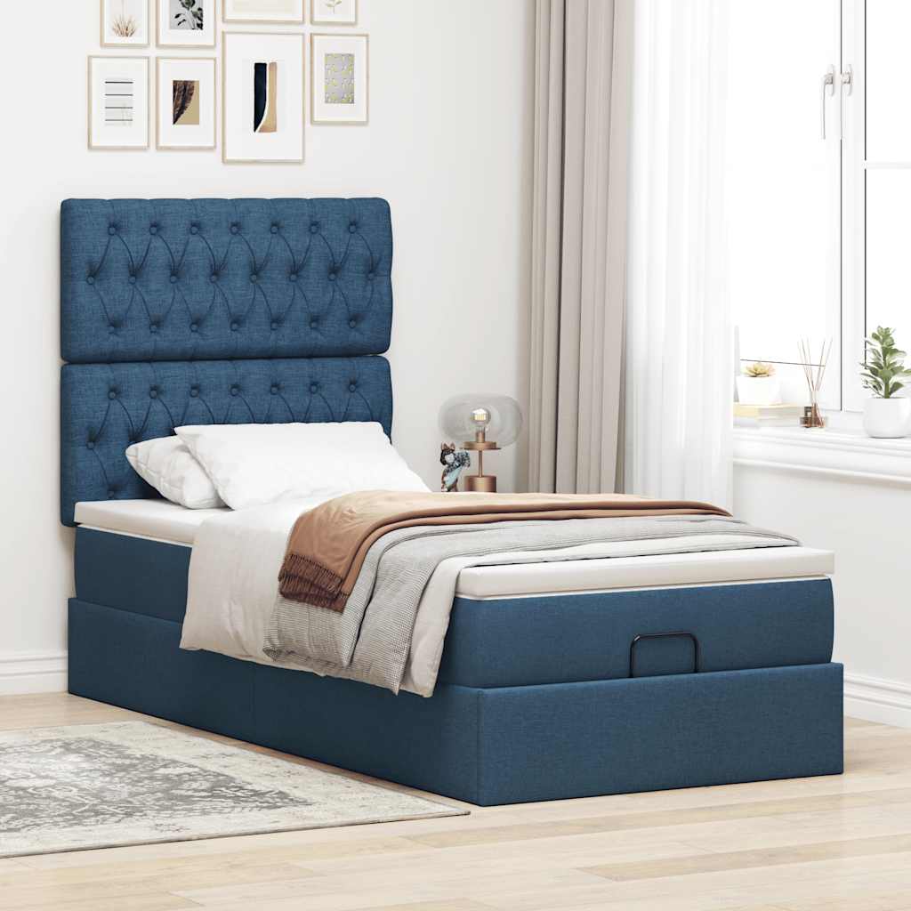 Estrutura de cama otomana com colchão 100x200cm tecido azul