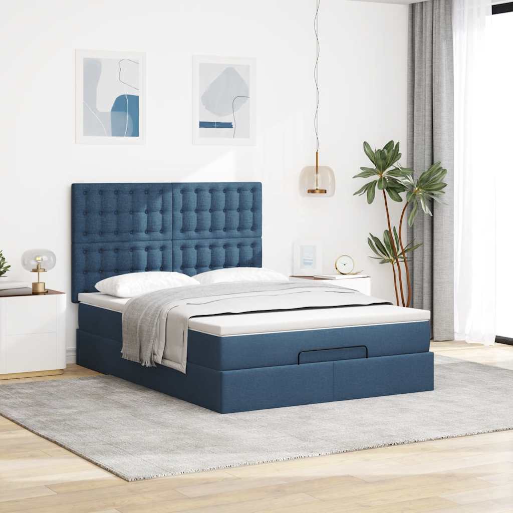 Estrutura de cama otomana com colchão 140x190cm tecido azul