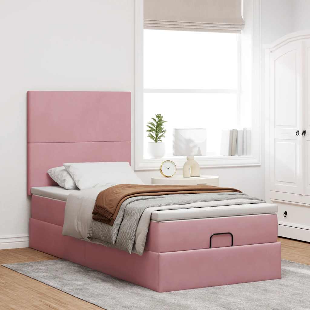 Estrutura de cama otomana com colchões 90x190 cm veludo rosa