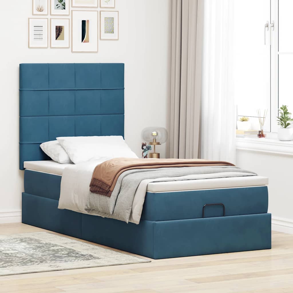 Estrutura cama otomana colchões 80x200 cm veludo azul escuro