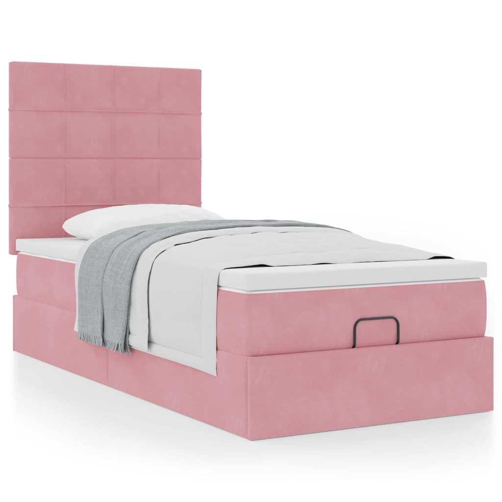 Estrutura de cama otomana com colchões rosa 90x200cm veludo