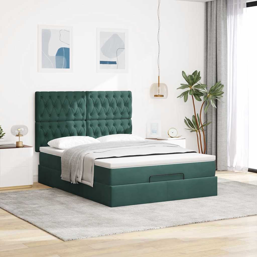 Estrutura cama otomana colchões 140x200 cm veludo verde escuro