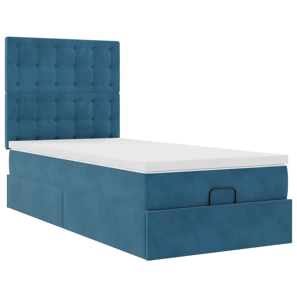 Estrutura cama otomana com colchões azul escuro 90x190cm veludo