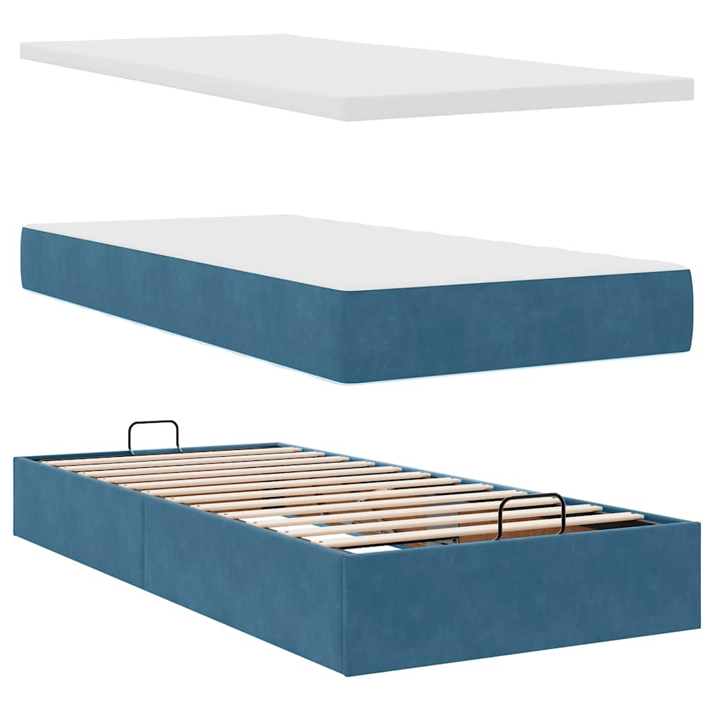 Estrutura cama otomana com colchões azul escuro 90x190cm veludo