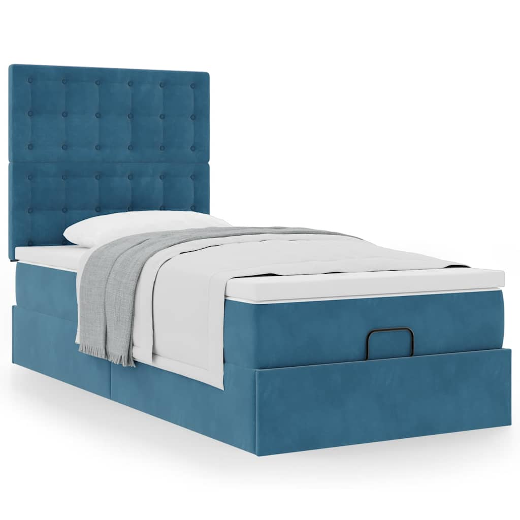 Estrutura cama otomana com colchões azul escuro 90x190cm veludo