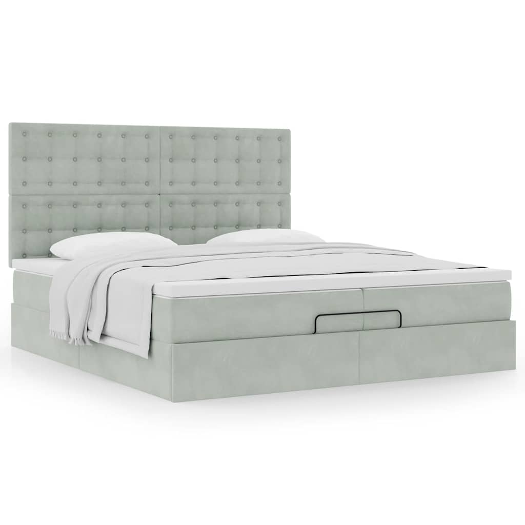 Estrutura cama otomana colchões 200x200cm veludo cinzento claro