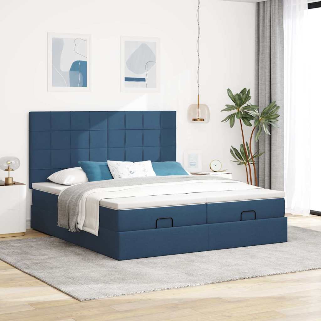 Estrutura de cama otomana com colchões 160x200cm tecido azul