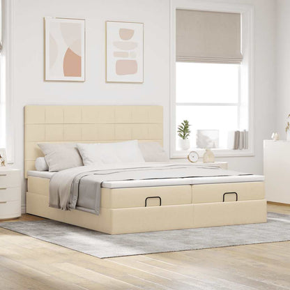 Estrutura de cama otomana com colchões tecido creme 200x200cm