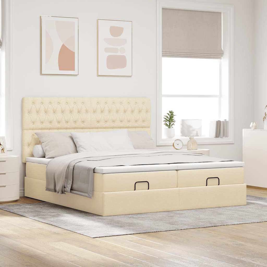 Estrutura de cama otomana com colchões tecido creme 200x200cm