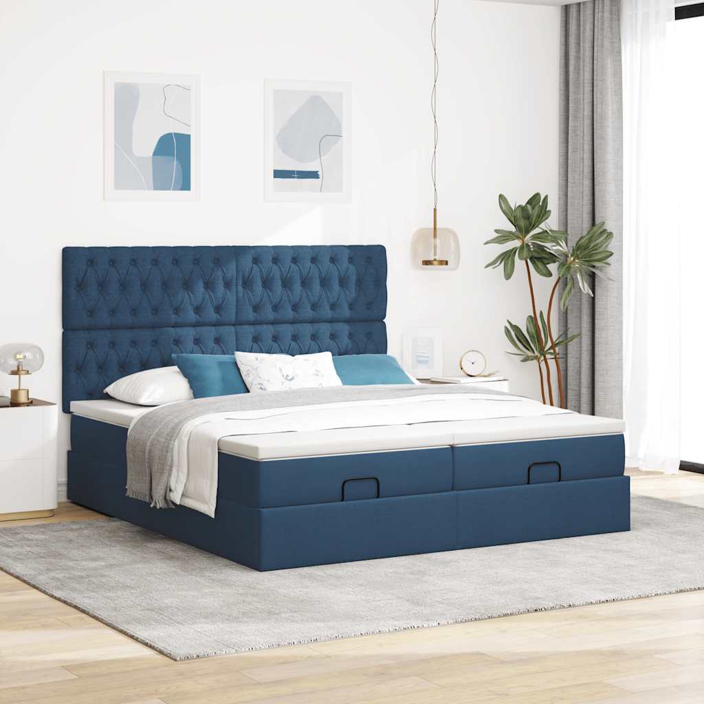 Estrutura de cama otomana com colchões 200x200cm tecido azul