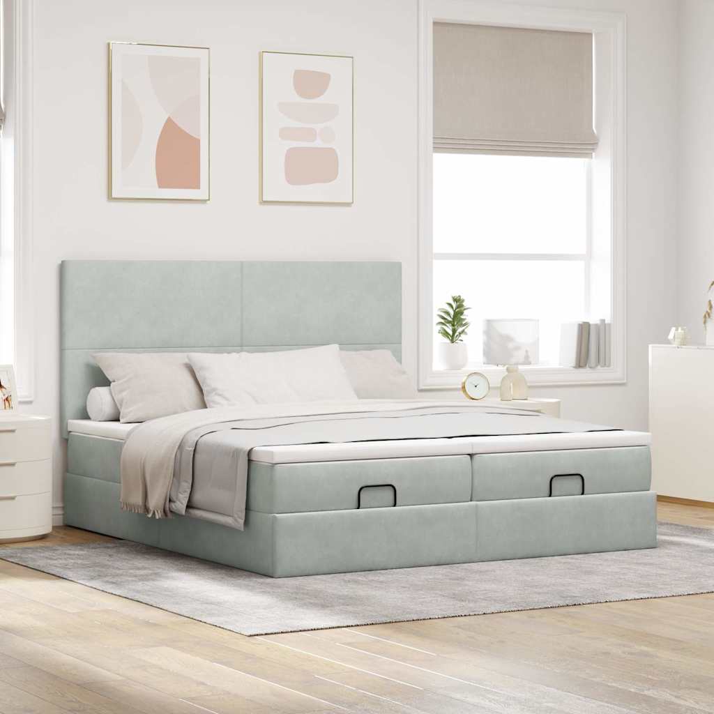 Estrutura cama otomana colchões 180x200cm veludo cinzento claro