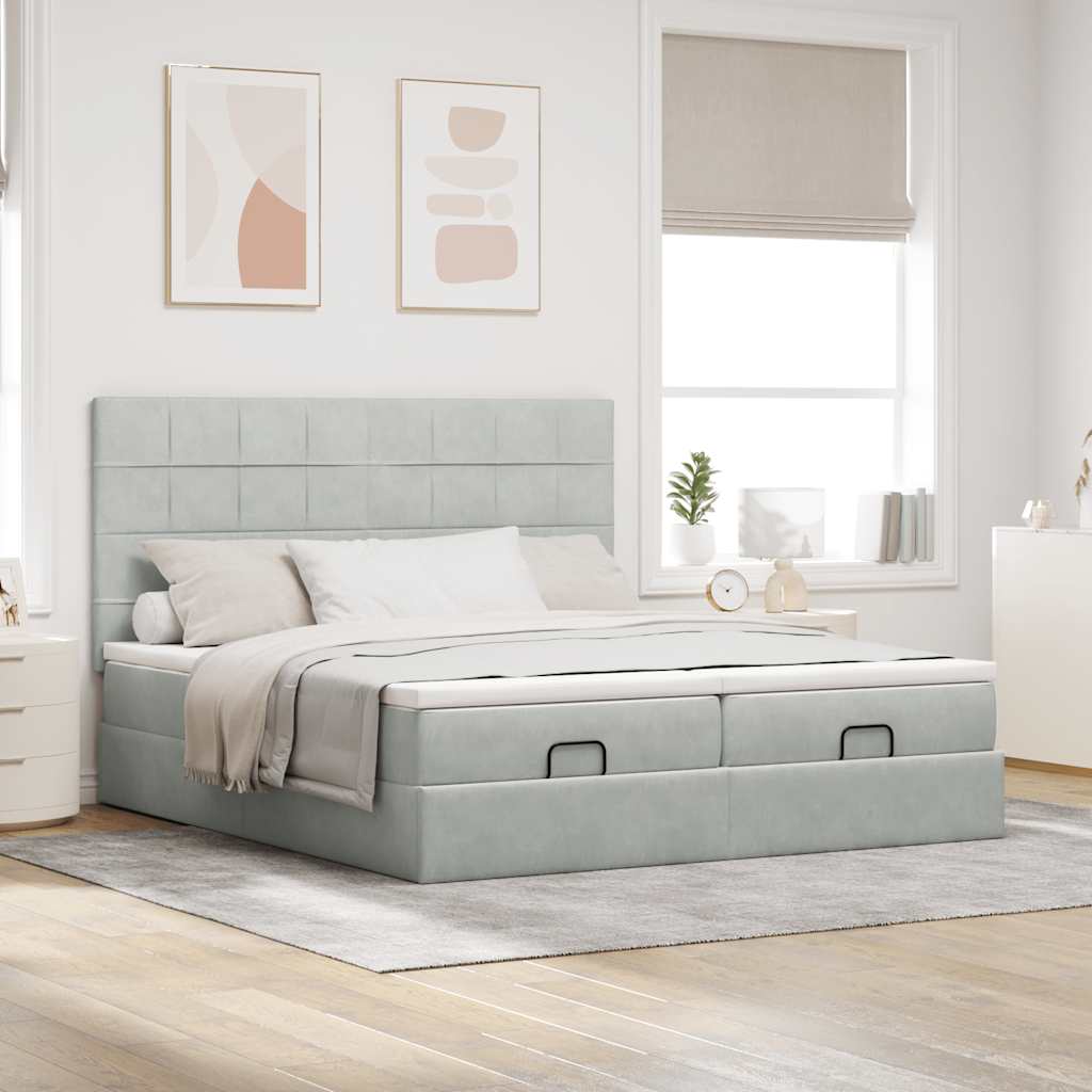 Estrutura cama otomana colchões 200x200cm veludo cinzento claro