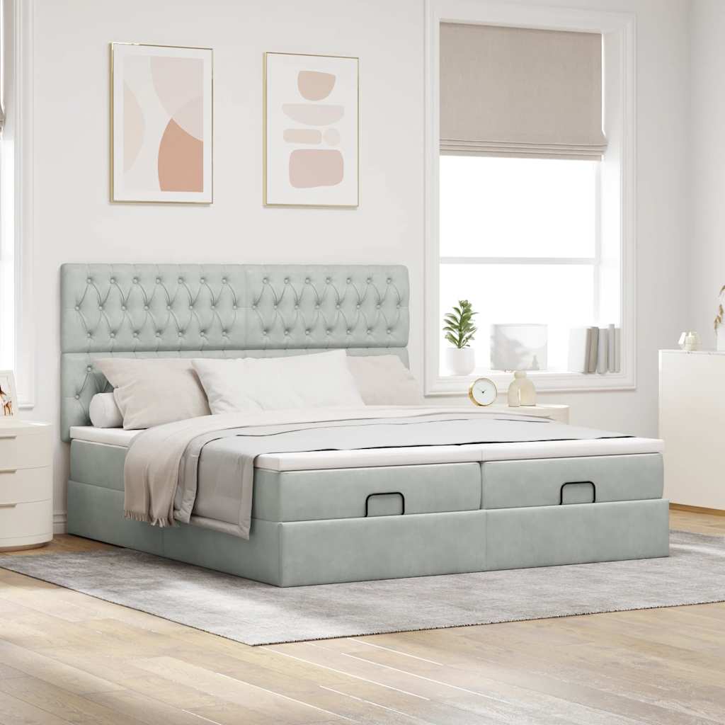 Estrutura cama otomana colchões 180x200cm veludo cinzento claro