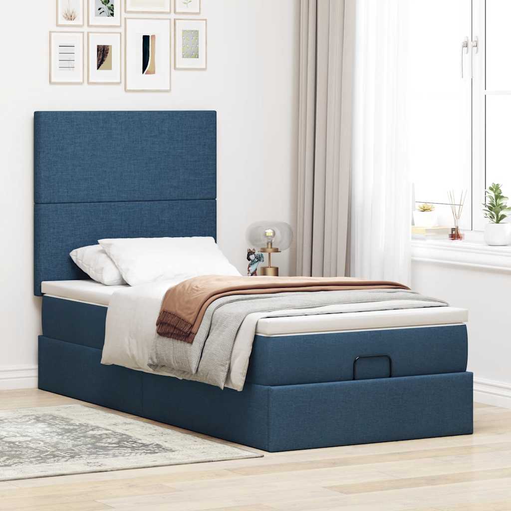 Estrutura de cama otomana com colchão 100x200cm tecido azul