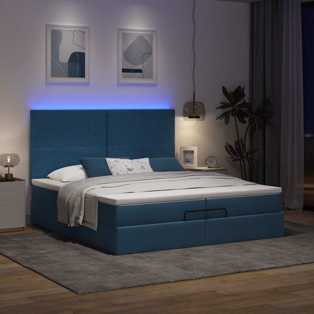 Estrutura de cama otomana com colchões 200x200cm tecido azul