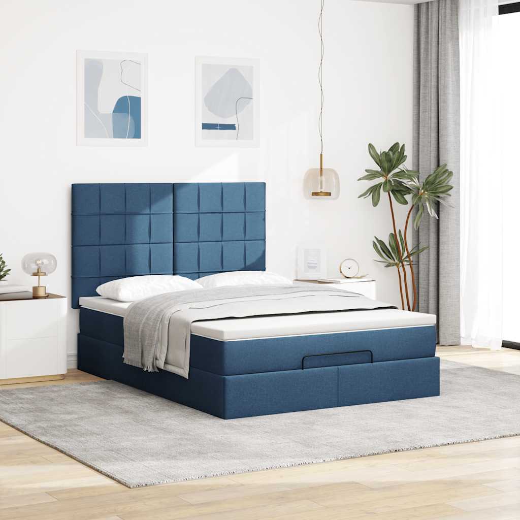 Estrutura de cama otomana com colchão 140x190cm tecido azul