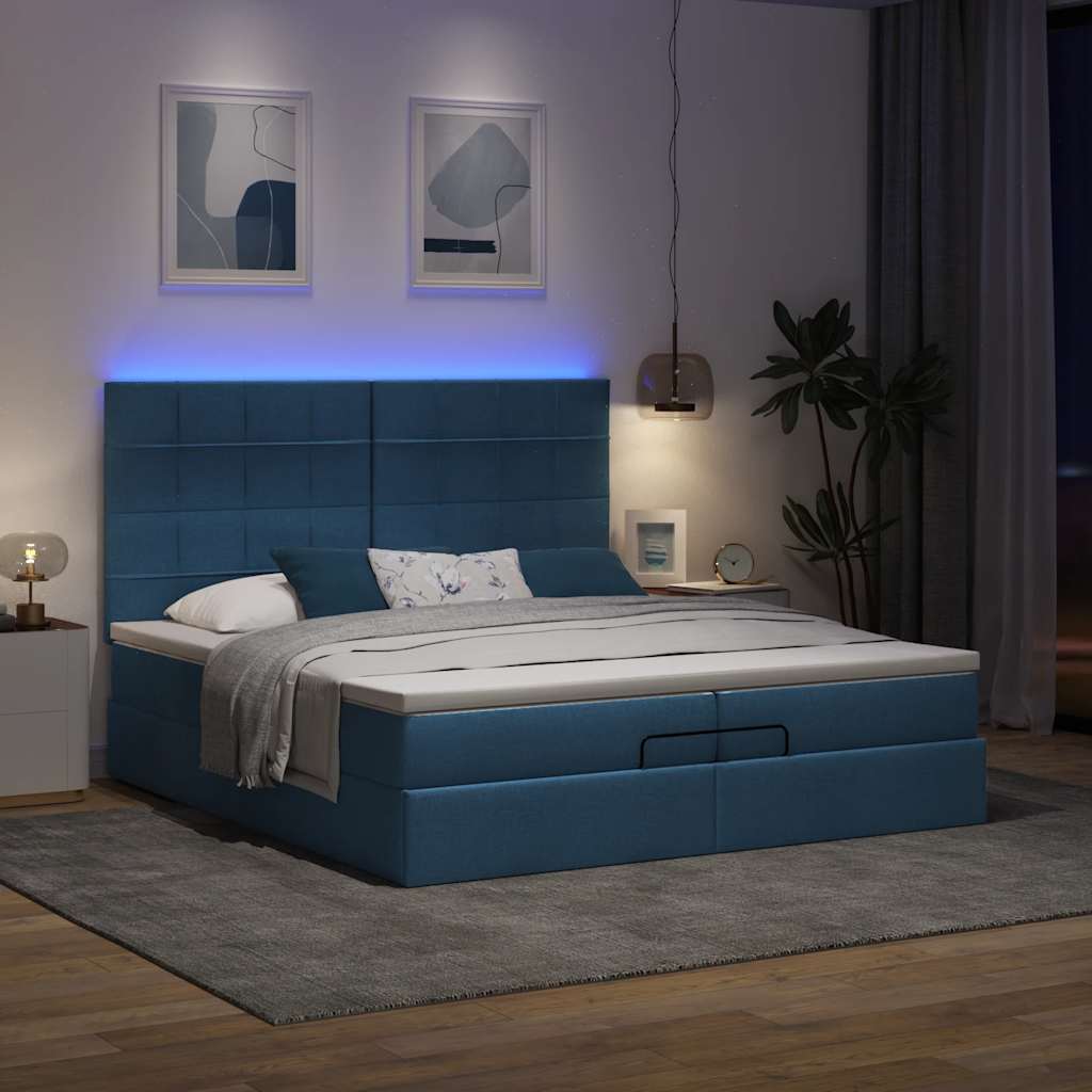 Estrutura de cama otomana com colchões 200x200cm tecido azul