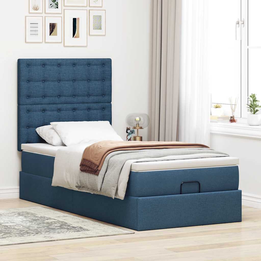 Estrutura de cama otomana com colchão tecido azul 90x190cm