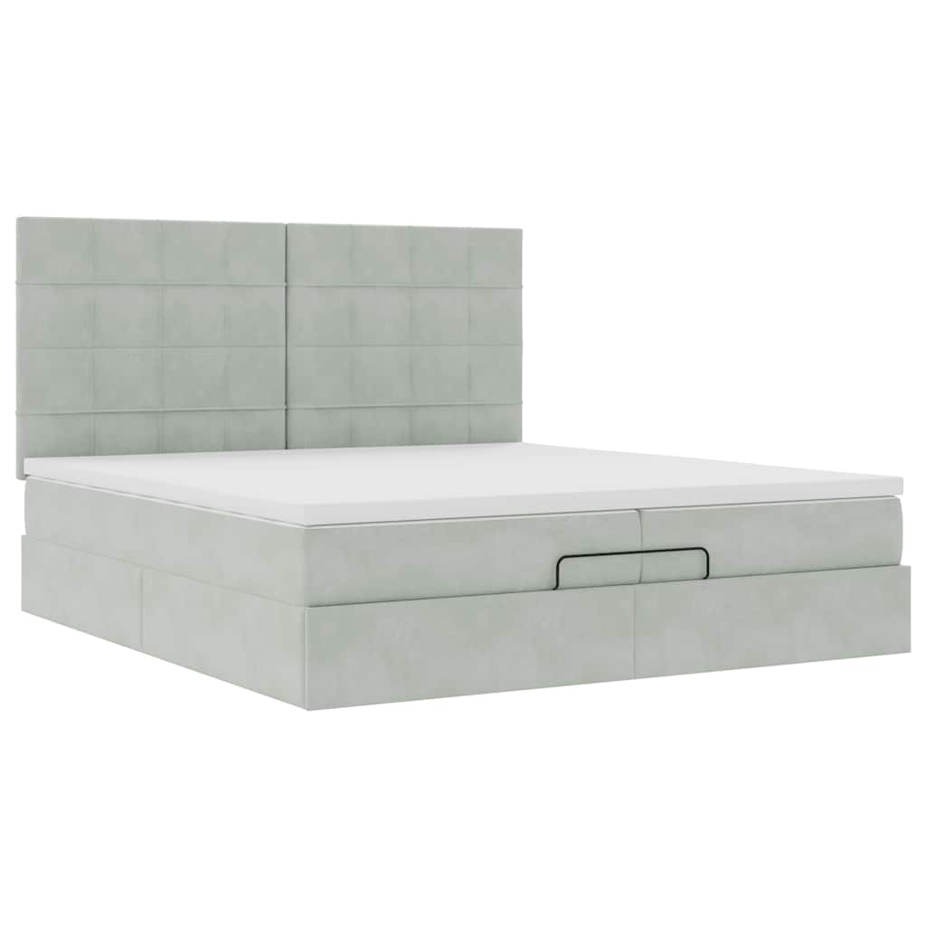 Estrutura cama otomana colchões 200x200cm veludo cinzento claro