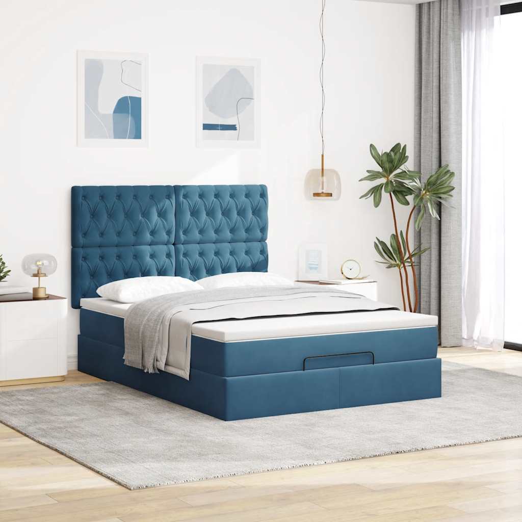 Estrutura cama otomana colchões 140x190 cm veludo azul escuro