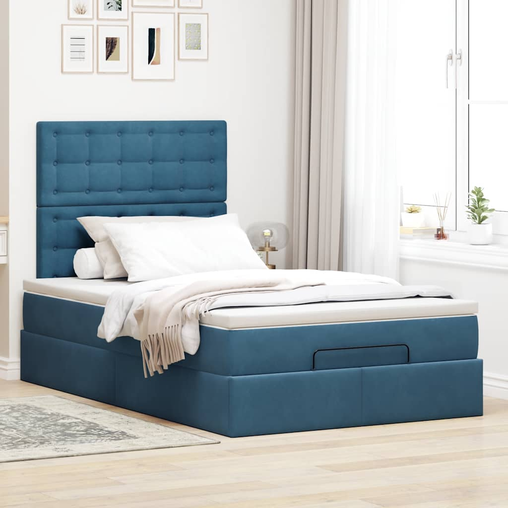 Estrutura cama otomana colchões 120x200cm veludo azul escuro