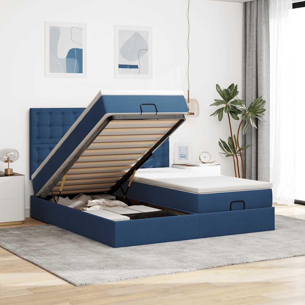 Estrutura de cama otomana com colchões 160x200cm tecido azul