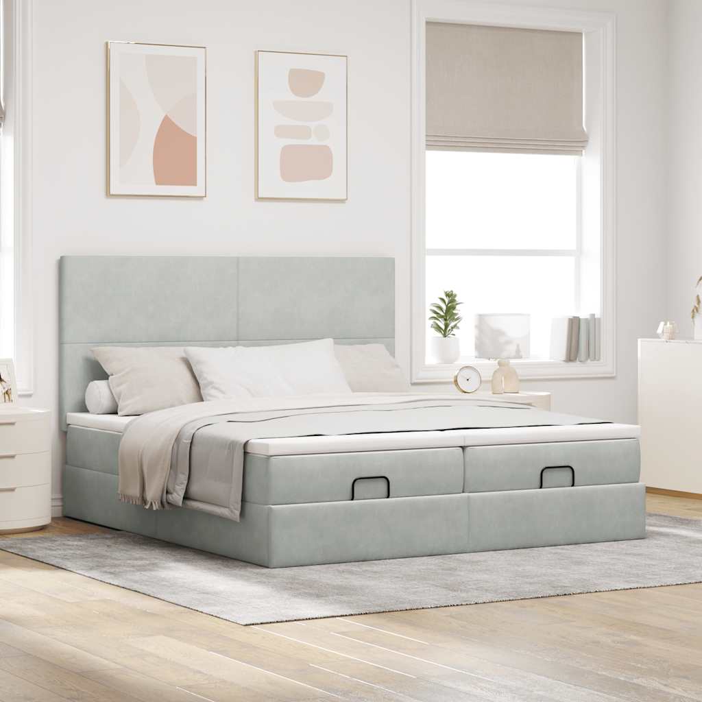 Estrutura cama otomana colchões 160x200cm veludo cinzento claro