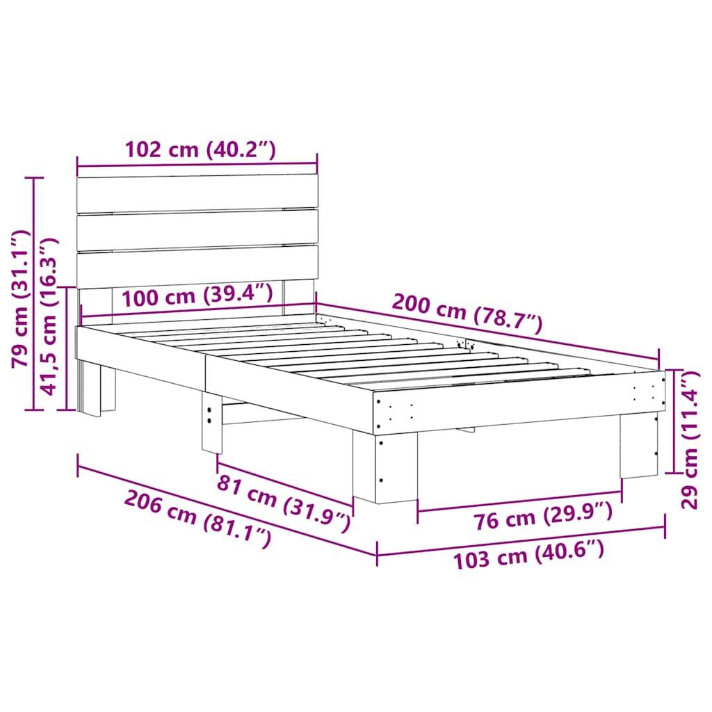 Estrutura cama cabeceira sem colchão 100x200 cm maciça carvalho