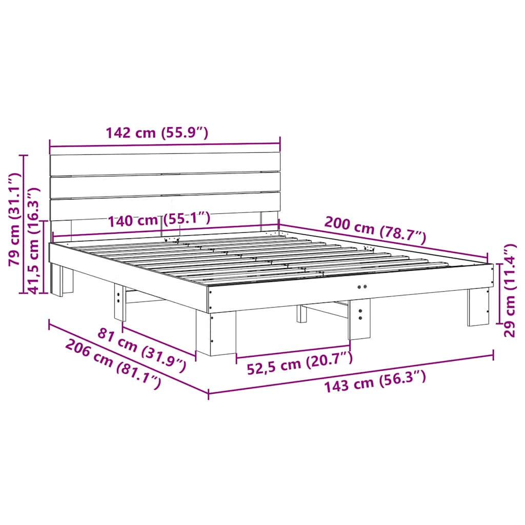 Estrutura cama cabeceira sem colchão 140x200 cm maciça carvalho