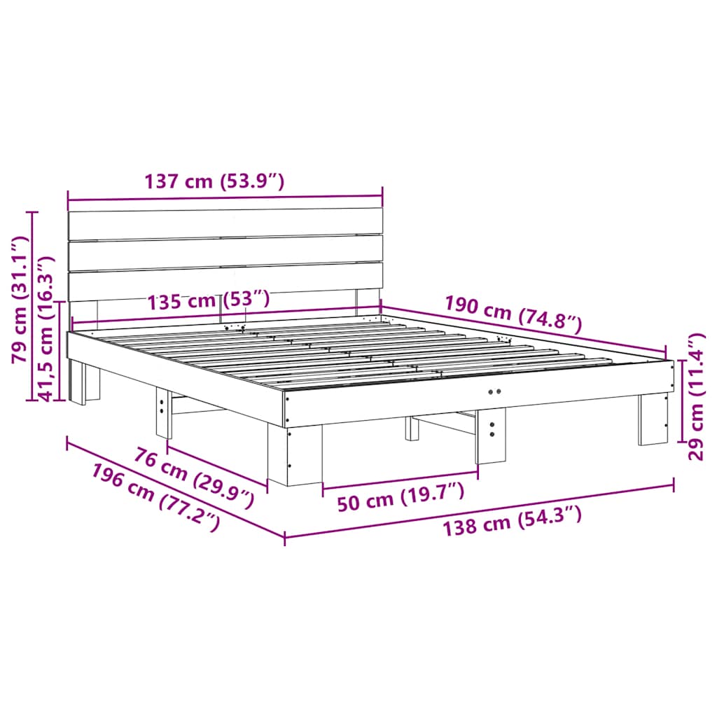 Estrutura cama cabeceira sem colchão 135x190 cm maciça carvalho