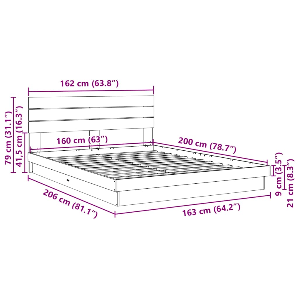 Estrutura cama cabeceira sem colchão 160x200 cm maciça carvalho