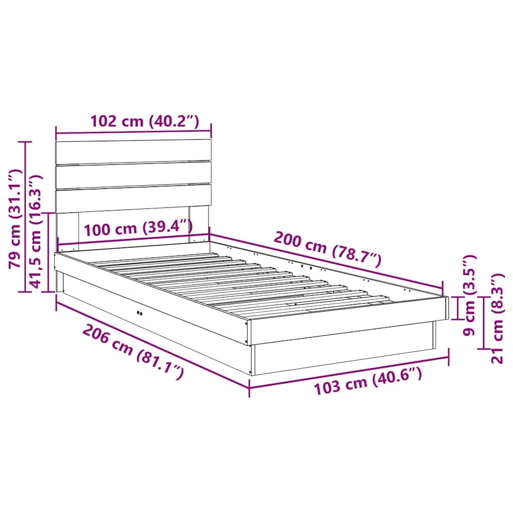 Estrutura cama cabeceira sem colchão 100x200 cm maciça carvalho