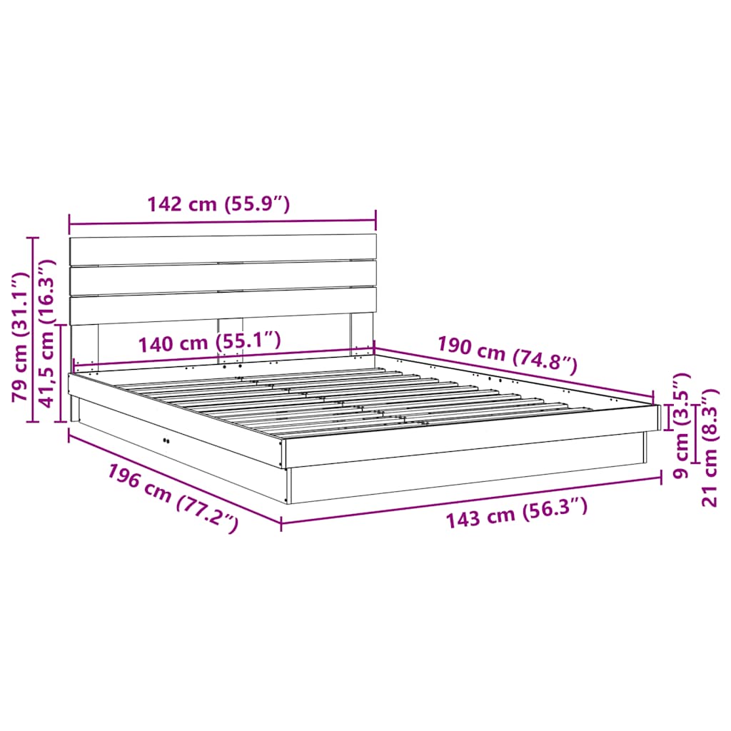 Estrutura cama cabeceira sem colchão 140x190 cm maciça carvalho