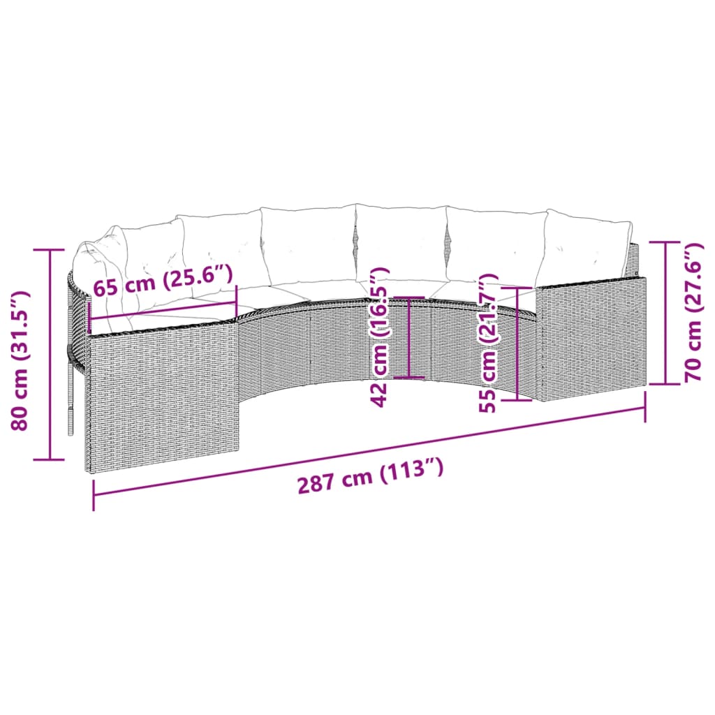 Sofá de jardim com almofadões semicircular vime PE bege