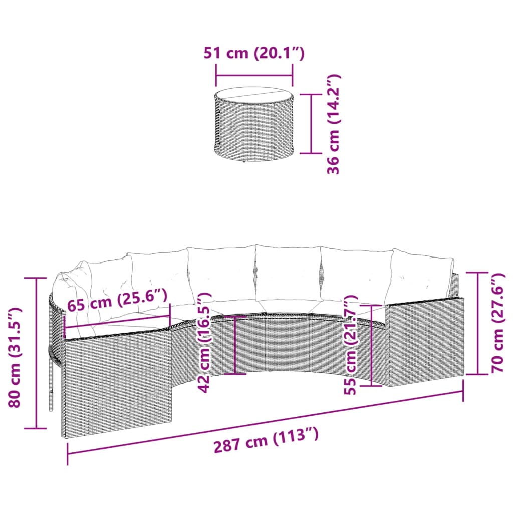 Sofá de jardim com mesa e almofadões semicircular vime PE preto