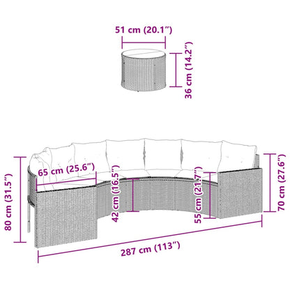 Sofá de jardim com mesa e almofadões semicircular vime PE preto