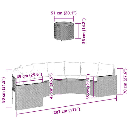 Sofá de jardim com mesa e almofadões semicircular vime PE preto