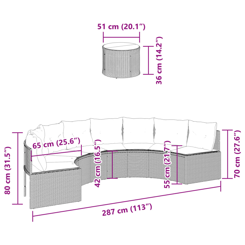 Sofá de jardim com mesa e almofadões semicircular vime PE preto