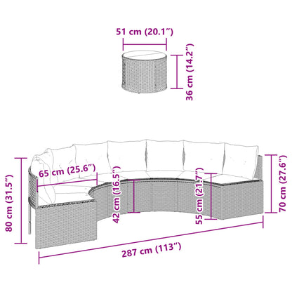 Sofá de jardim com mesa e almofadões semicircular vime PE preto