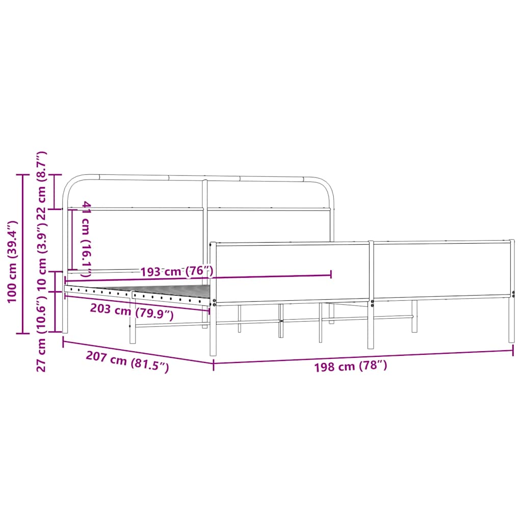 Estrutura de cama sem colchão 193x203cm metal carvalho sonoma