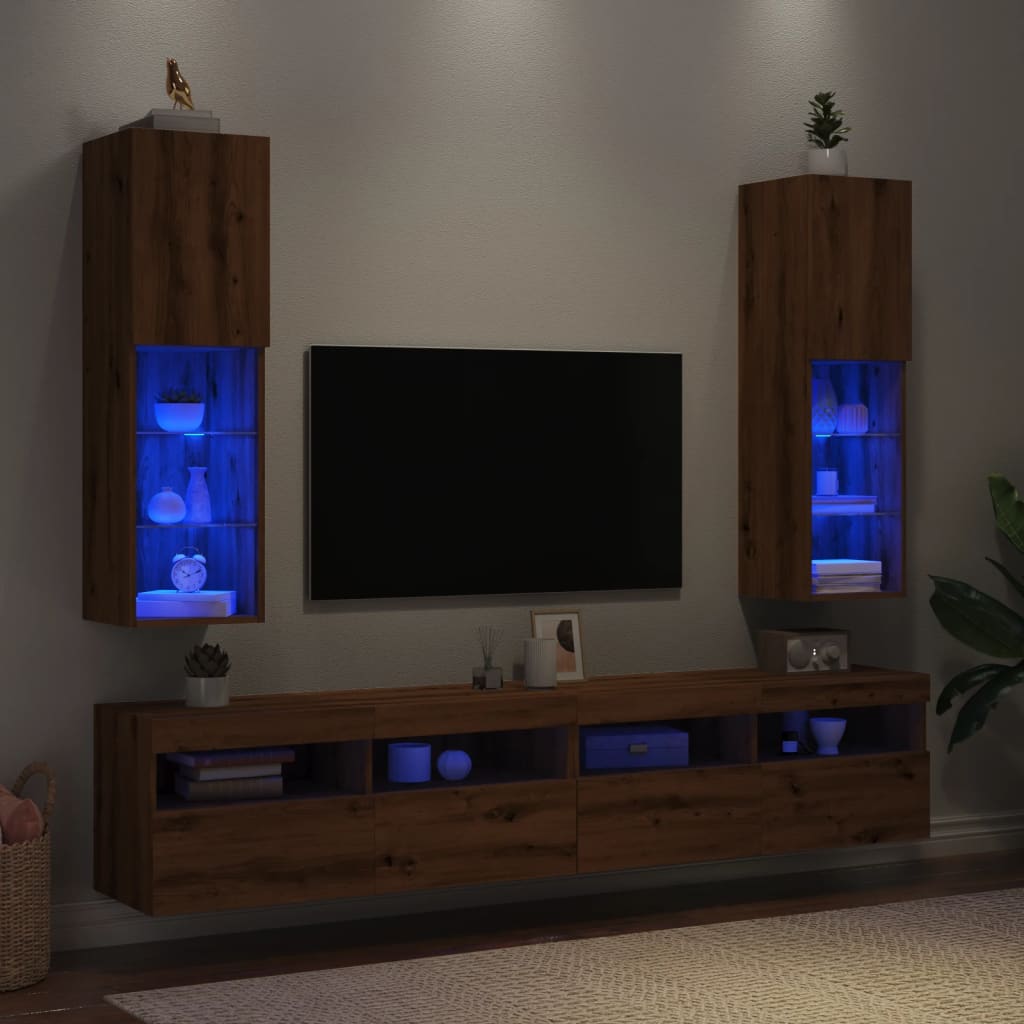 Móveis de TV c/ luzes LED 2pcs 30,5x30x102cm carvalho artisiano