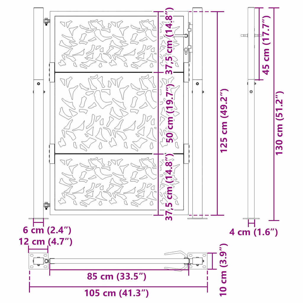 Portão de jardim 105x130 cm design de folha de aço resistente