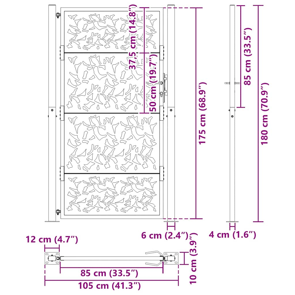 Portão de jardim 105x180 cm design de folha de aço resistente