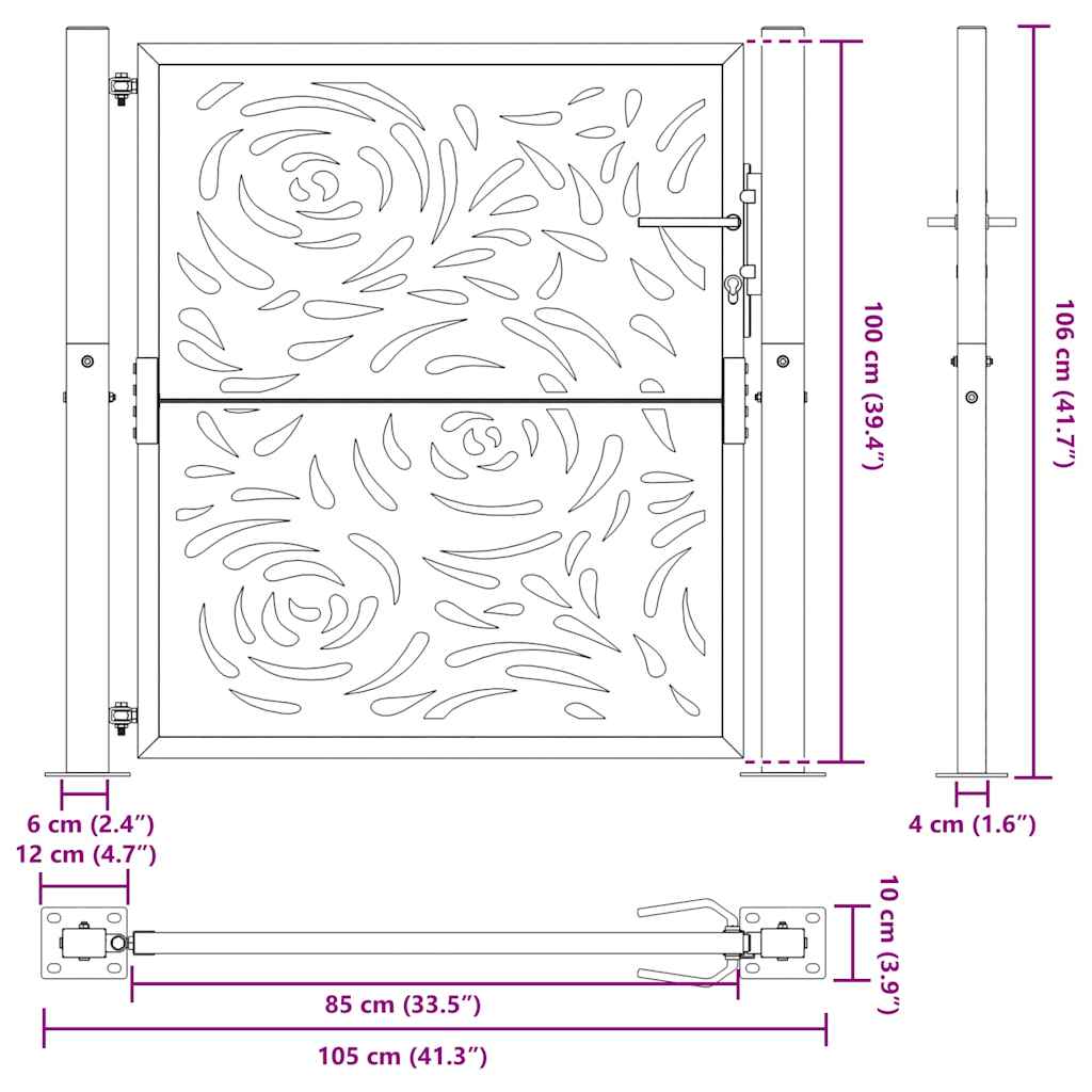 Portão de jardim 105x105 cm design de chama de aço preto